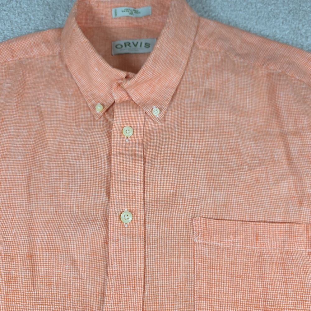 Orvis Short Sleeve Button Down Shirt XXL Linen Casual Orange White Micro Check